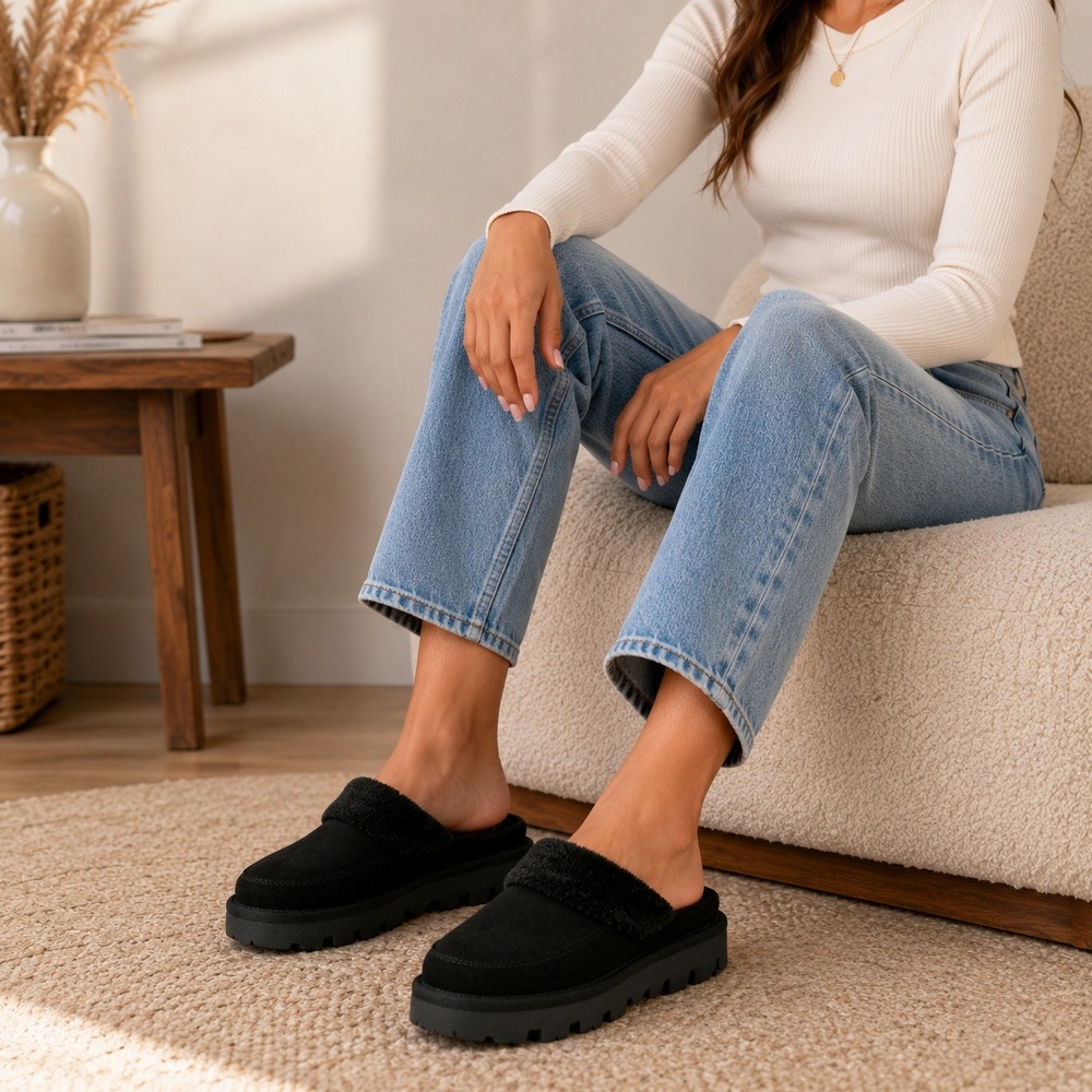 Koolaburra by UGG Tizzey W 10 Slip On Black Suede Faux Fur Platform Mules NEW